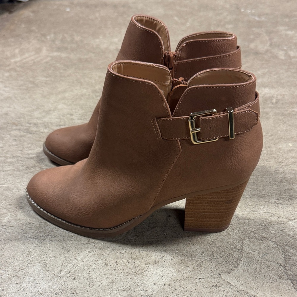 Express Tan Ankle Boots with Gold Buckle